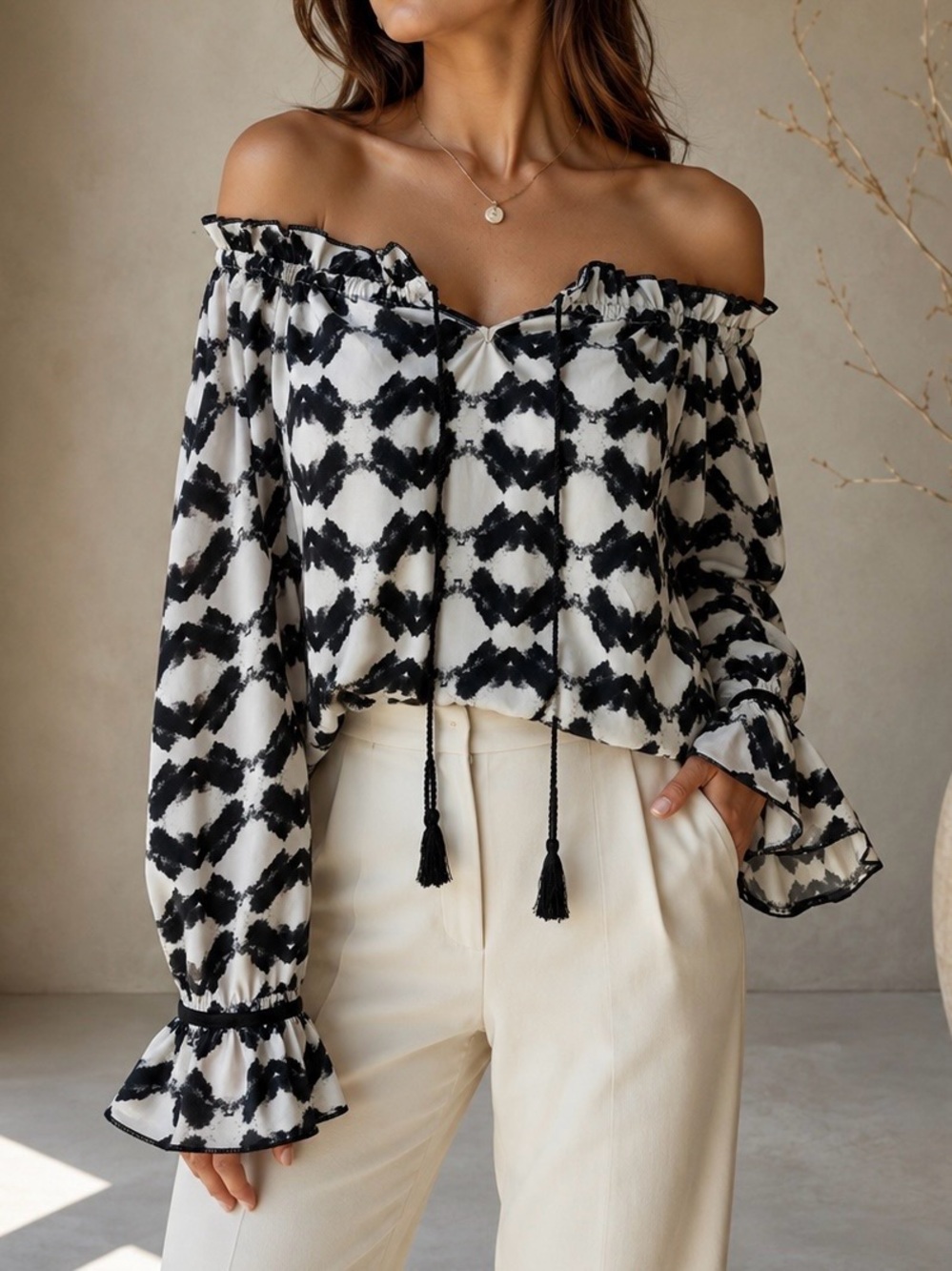 Asher ‘Brent’ Off -The-Shoulder Long Sleeve Top in Black & White Aztec Print XS